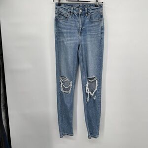 American‎ Eagle 00 Mom Jean Womens Blue Distressed High Rise Ripped Strigid